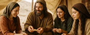 يعقوب وزوجاته يأكلون داخل خيمة في إسرائيل القديمة