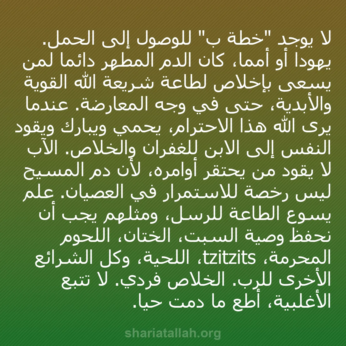 b0296 - منشور عن شريعة الله: لا يوجد "خطة ب" للوصول إلى الحمل. يهوداً أو أمماً، كان الدم...